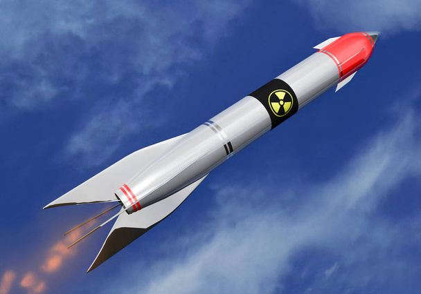 インター コンチネンタルの核ロケットは空を飛ぶ。3 d イラストレーション - 写真・画像