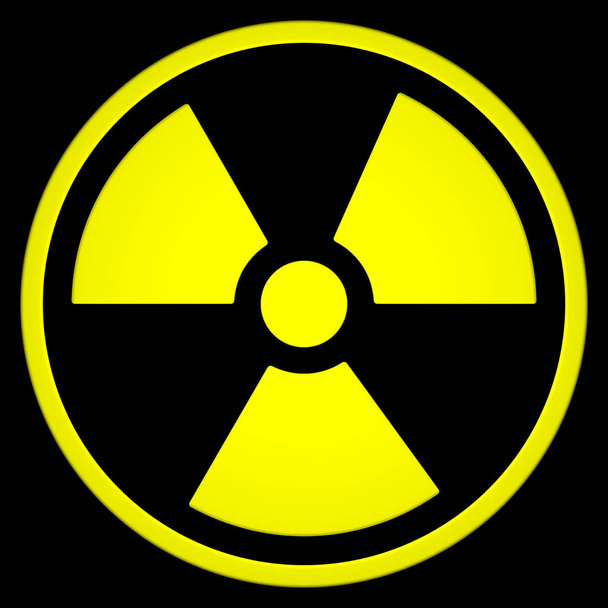 Radyoaktif işareti simgesi siyah arka plan üzerine izole. 3D render - Fotoğraf, Görsel