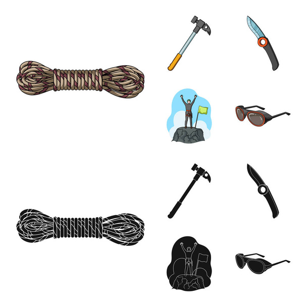 Climber on conquered top, coil of rope, knife, hammer.Mountaineering set collection icons in cartoon,black style vector symbol stock illustration web. - Vektor, obrázek