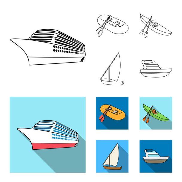 A rubber fishing boat, a kayak with oars, a fishing schooner, a motor yacht.Ships and water transport set collection icons in outline,flat style vector symbol stock illustration web. - Vector, Image