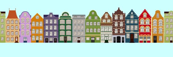 Бесшовная граница милых ретро домов снаружи. Коллекция европейских строительных фасадов. Традиционная архитектура Бельгии и Нидерландов
 - Вектор,изображение