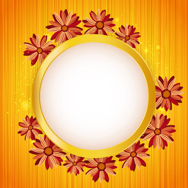 Round floral frame with lights effect on bright orange background. Shining banner with stars and glitter. Vector template. - Vector, Imagen