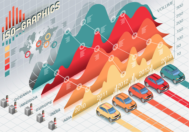 isometrisches infografisches Histogramm setzt Elemente mit Autos zusammen - Vektor, Bild