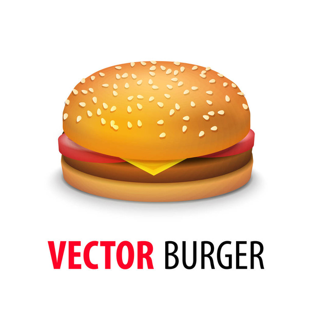 Vektorové realistické Cheeseburger - klasický americký Burger s rajčaty, sýr, hovězí zblízka izolované na bílém pozadí. Rychlé občerstvení ilustrace - Vektor, obrázek