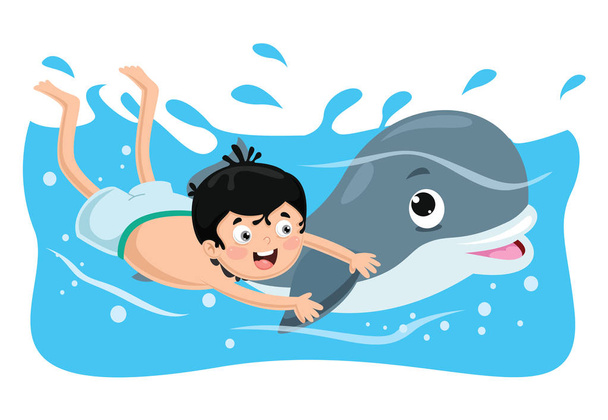 Vector Illustration Of Kid Swimming With Dolphin - Vector, Image
