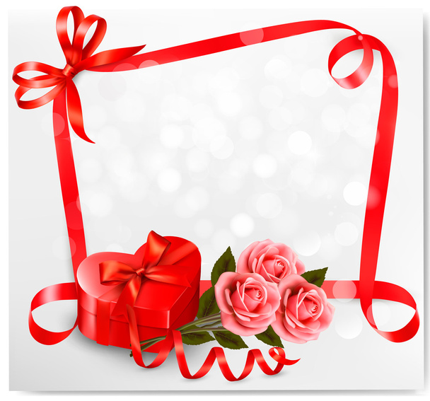 Holiday background with red heart-shaped gift box and flowers. V - Vetor, Imagem