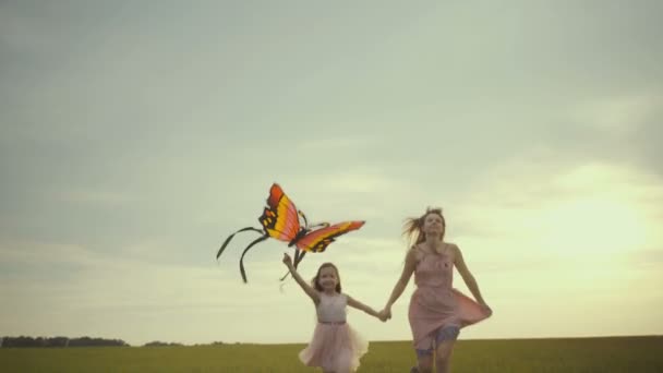 meisje loopt rond met een vlieger op het veld. Concept van de vrijheid. - Video