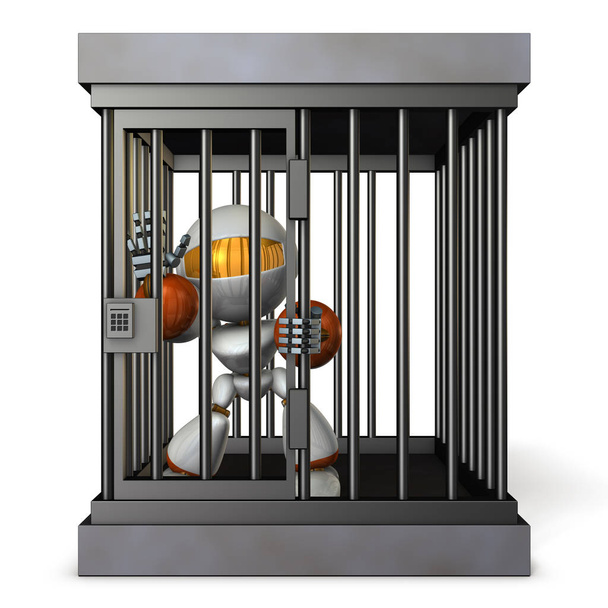 Ρομπότ που συγκρατούνται από τη φυλακή. Αυτός φωνάζοντας ψευδείς χρεώσεις. 3D απεικόνιση - Φωτογραφία, εικόνα