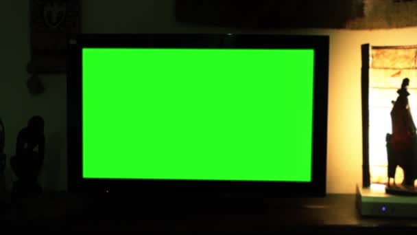 A tarda notte guardare la televisione schermo verde. Pronto a sostituire lo schermo verde con qualsiasi filmato o immagine che desideri. Puoi farlo con l'effetto Keying (Chroma Key) in Adobe After Effects o altri software di editing video. Full HD
.  - Filmati, video