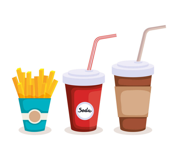 ソーダやコーヒーとおいしいフライド ポテト - ベクター画像
