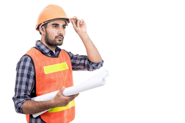 Portrait of construction worker isolated on white background - Photo, Image