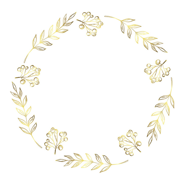 Doodle berry and leaf circle frame on a black background. Wreath of golden leaves. Ready template for design, postcards, printing - Vector, imagen