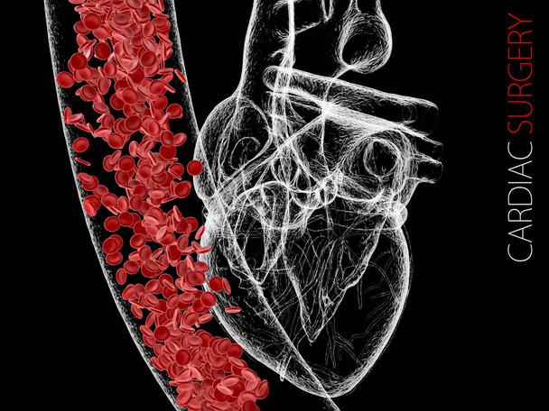 ανθρώπινη καρδιά και φλέβα με κύτταρα του αίματος. πολυγωνικά γραφικά. 3D απεικόνιση. - Φωτογραφία, εικόνα