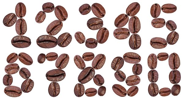 白い背景の上のコーヒー豆で作られた数 - 写真・画像