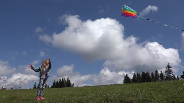 4K Girl Playing Kite in Park, Child Have Fun Outdoor in Nature, Summer View - Кадры, видео