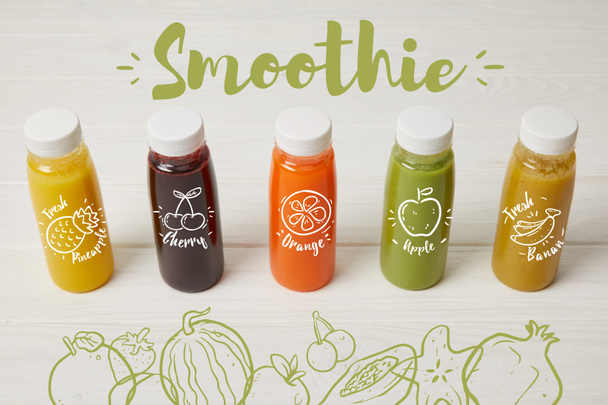 tuoreet orgaaniset smoothiet pulloissa seisoo rivillä valkoinen, smoothie kirjoitus
 - Valokuva, kuva