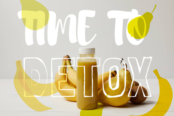 yellow detox smoothie in bottles with bananas, pears and kiwis on white background, time to detox inscription - Zdjęcie, obraz