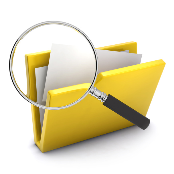 3d render of a magnifying glass looking at a yellow folder - Foto, immagini