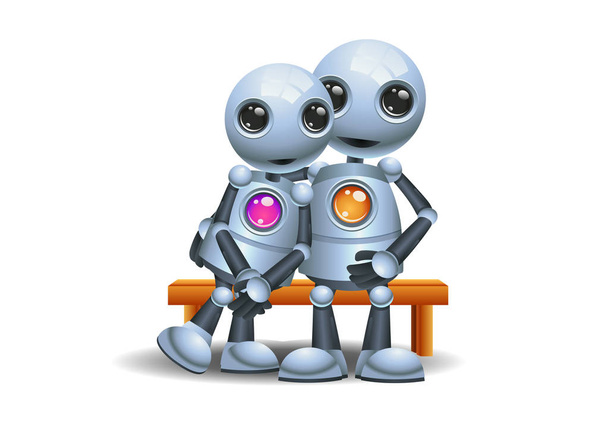 Illustration eines glücklichen Droiden kleinen Roboter umarmen sitzen auf Bank auf isolierten weißen Hintergrund - Foto, Bild