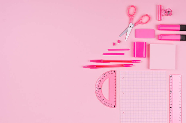 Concept art workplace for designers - pink color office accessories on soft light pink background, top view, copy space. - 写真・画像