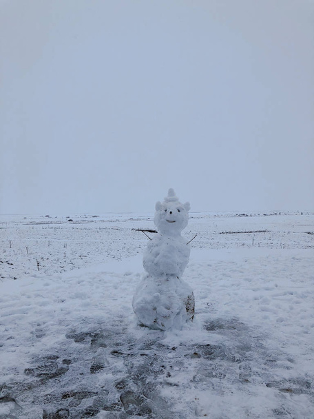 A picture of a snowman in Iceland in the middle of a snow covered field - Photo, Image