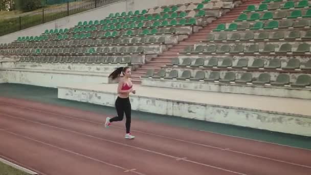 aerial. slim athletic girl jogging at the stadium. attractive young woman exercising outdoors - Footage, Video