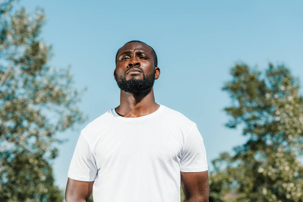 retrato de soldado afroamericano confiado en camisa blanca contra el cielo azul
 - Foto, Imagen