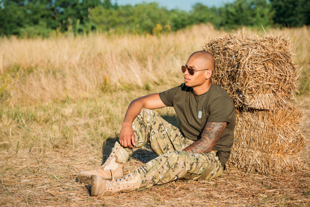 joven soldado afroamericano en uniforme militar y gafas de sol descansando cerca del heno en rango
 - Foto, Imagen