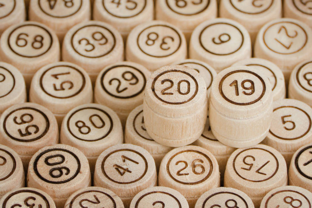 Number is 2019 against the background of wooden kegs of lotto. New Year. Close up - Photo, Image