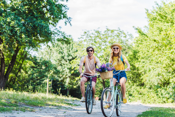 fiatal pár retro kerékpárral a park nyári napon - Fotó, kép