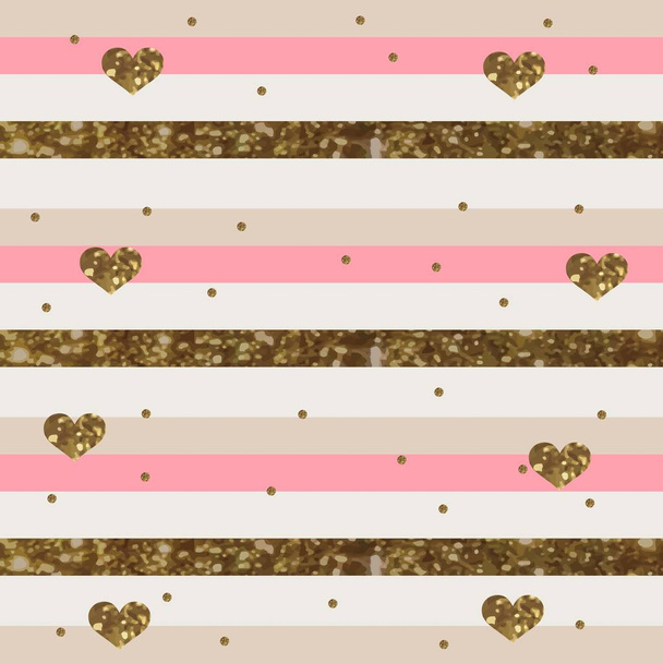 Roze wit gestreept patroon met sprankelende gouden hart - Vector, afbeelding