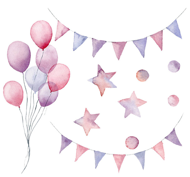 Watercolor birthday set. Hand painted pastel air balloon, flag garlands, stars and confetti isolated on white background. Festive decor for design, print or background - Photo, Image