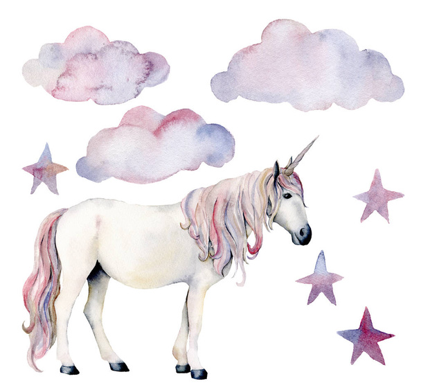 Vízfesték készlet fehér Egyszarvú és a dekoráció. Kézzel festett magic ló, a felhők és a csillagok elszigetelt fehér background. Mese karakter illusztráció design, szövet, kártya, nyomtatás vagy háttér. - Fotó, kép