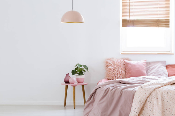 Cozy, feminine bedroom with pink bed, decorative cushions and plant on a wooden stool standing against white, empty wall. Real photo with a place for your furniture. - Fotó, kép