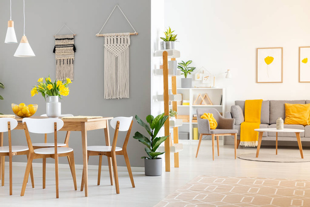 Real photo of a spacious home interior with wooden table, white chairs and macrame on the wall in dining room and a gray sofa and armchair in the living room - 写真・画像