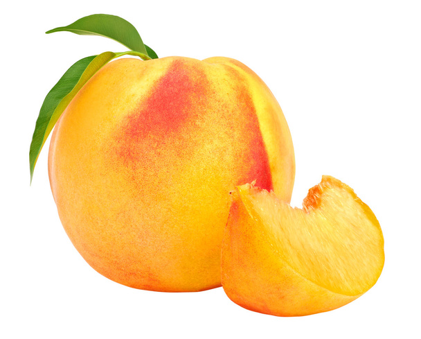 Ripe peach fruit with leaves and slises on white background. - Photo, Image