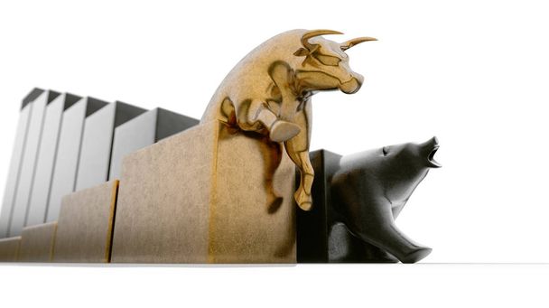 Bull and bear figurines trailing upward and downward trending graphs respectively side by side on an isolated background - 3D render - Photo, Image