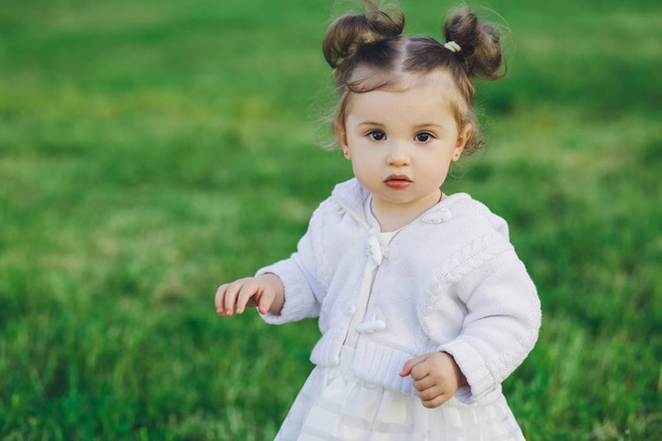 Lapsi, pieni tyttö mekko puistossa nurmikolla
 - Valokuva, kuva