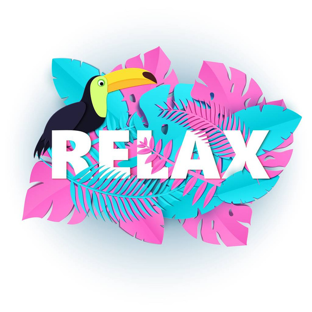 Word RELAX composition with creative pink and blue jungle leaves toucan in trandy paper cut style. Tropical craft design for your poster, banner, flyer. Vector card illustration. - ベクター画像
