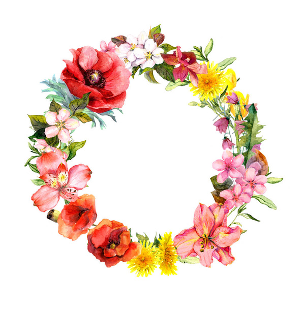 Floral wreath with blooming flowers, field grass. Watercolor round border - Fotografie, Obrázek