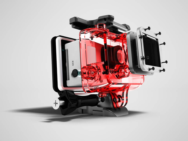 Câmera vermelha moderna para relaxamento extremo 3d renderizar isolado em fundo cinza com sombra
 - Foto, Imagem