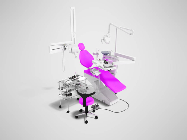 Moderna cadeira dental violeta e mesa de cabeceira com ferramentas e aparelhos para tratamento odontológico 3d render em fundo cinza com sombra
 - Foto, Imagem