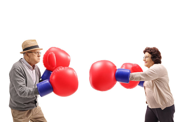 Elderly man and an elderly woman fighting each other with big boxing gloves isolated on white background - Fotografie, Obrázek