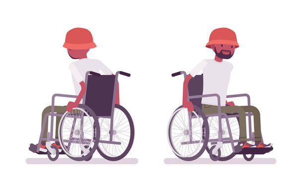 El ile sandalye hareket erkek siyah genç tekerlekli sandalye kullanıcısı - Vektör, Görsel