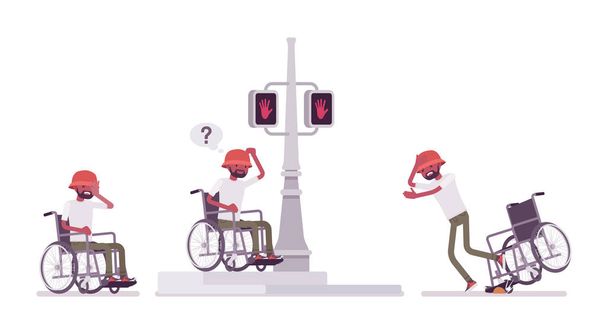 Erkek siyah genç tekerlekli sandalye kullanıcısı negatif şehir sokak duygular içinde - Vektör, Görsel