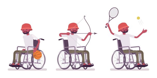 男性黒若い車椅子ユーザーとスポーツ活動 - ベクター画像