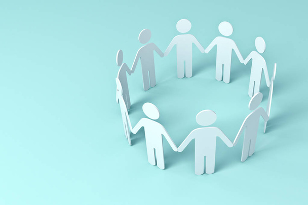 White Paper People Holding Hands In Circle on blue background . 3D rendering. - Photo, Image