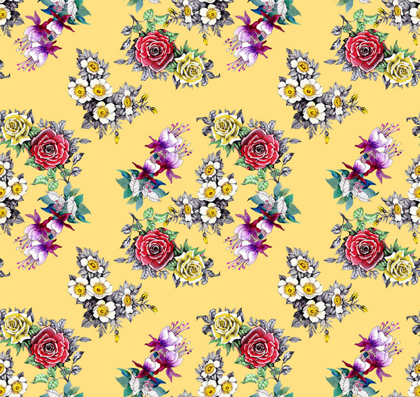 Watercolor seamless pattern with beautiful roses and wildflowers on yellow background - Fotografie, Obrázek