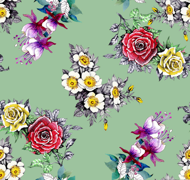 Watercolor seamless pattern with beautiful roses and wildflowers on green background - Фото, изображение