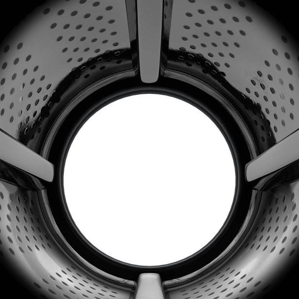 Un gros plan de l'intérieur du tambour d'une machine à laver industrielle regardant vers l'extérieur vers la porte ouverte - rendu 3D
 - Photo, image